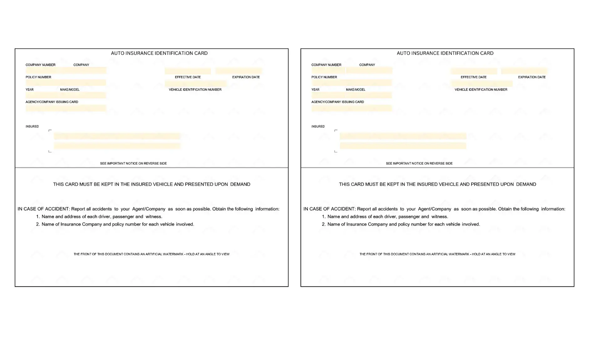 Auto Insurance Card Form